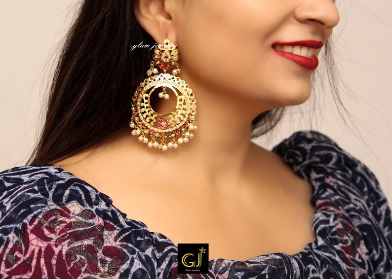 Jadau Gold White Chand Bali Earrings TikkaIndian Big Earrings Tikka Set Punjabi Indian JewelleryPakistani Set