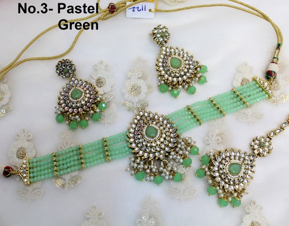 Bridal Kundan Choker Set Necklace Earrings Set green Maroon
