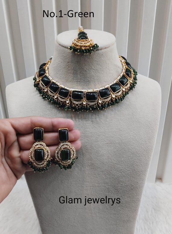 Gold Kundan Bridal Necklace Set, Indian Jewelry, Green Stone  display picture 1