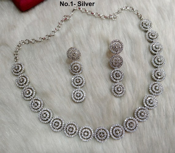 Cubic Zirconia Diamond Necklace Earrings Set Rose Gold Silver