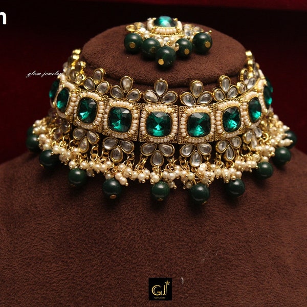 Indian Jewelry Jewellery Kundan Choker Green Marron Dark pink Bridal Wedding Bollywood Style Gold Finish Necklace Set