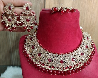 Dark Gold Plated Indian Jewelry Set: Crystal Necklace, Earrings & Tikka swaziland