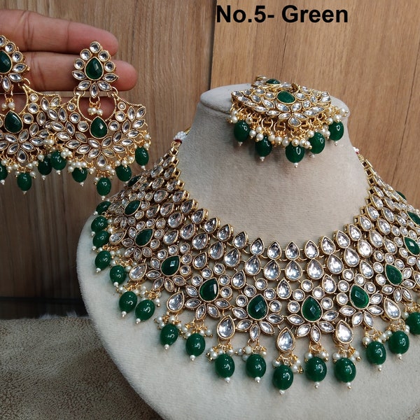 Indian Jewelry/ Gold Bridal Kundan necklace Set Indian pink, gajjri, sky blue, ruby, green , dark pink Bridal Jewellery  heli Necklace