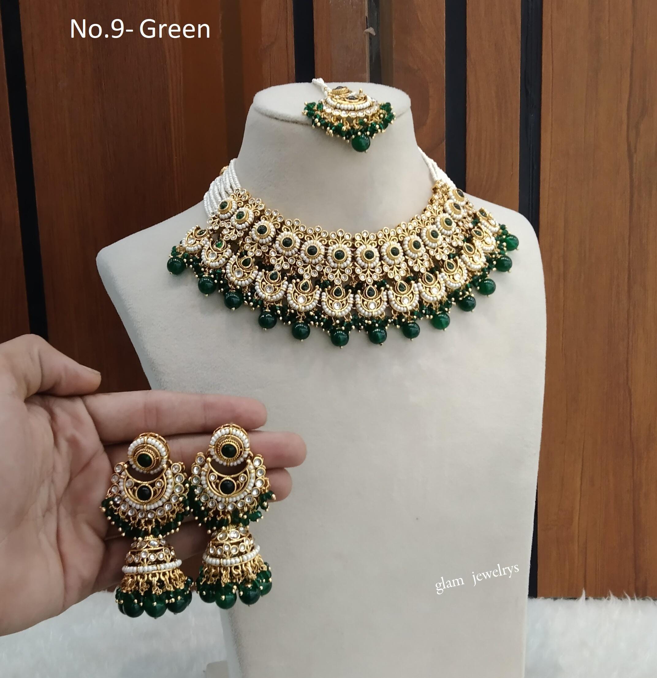 Crystal Stone Bollywood Necklace Set: Indian Jewelry With Tikka