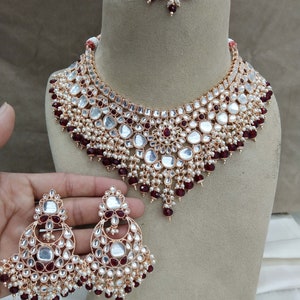 Indian Jewelry/Bridal rose gold kundan necklace set/Indian wedding kundan raha jewellery necklace set