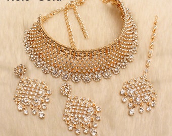 Rose Gold Plated Crystal Choker Set, Bollywood Bridal Jewelry