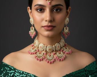 Gold Kundan Bridal Jewelry Set, Indian Necklace Earrings Tikka Eric set