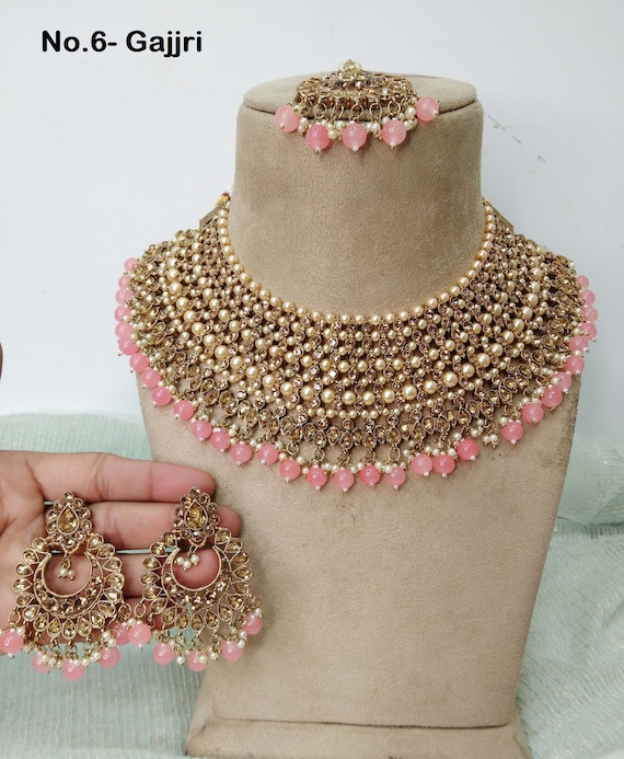 Rose Gold Choker /gold Carret White Choker Set/ Bollywood Necklace  Set/indian Choker Necklace Set/gold Bridesmaid Jewelry/women Necklace 