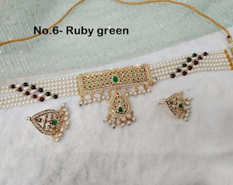 Jadau vergulde parel choker ketting set, Indian Smith-sieraden