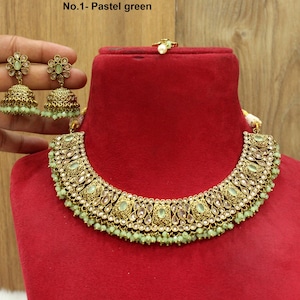 Bijoux indiens / Parure de collier pêche, vert pastel, vert plaqué or foncé / Parure de bijoux indiens Bollywood en or / Parures de demoiselle d&#39;honneur