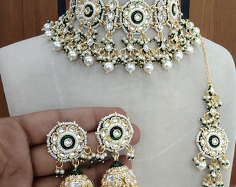 Conjunto de gargantilha Kundan, joias indianas, dourado, branco, verde