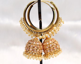 Gold Plated Jhumka Earrings with Pearls - Indian Jewelry simi set