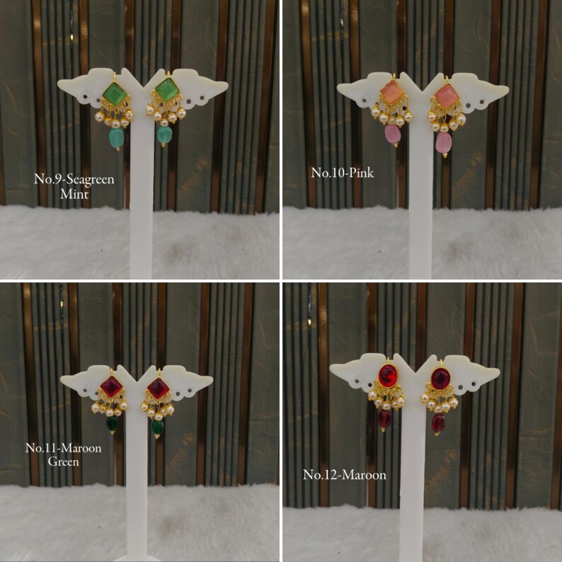 May include: Four pairs of drop earrings displayed on white stands. No. 9 features seagreen mint stones, No. 10 pink stones, No. 11 maroon and green stones, and No. 12 maroon stones. Each earring has a square or oval top, small pearls, and a dangling bead.