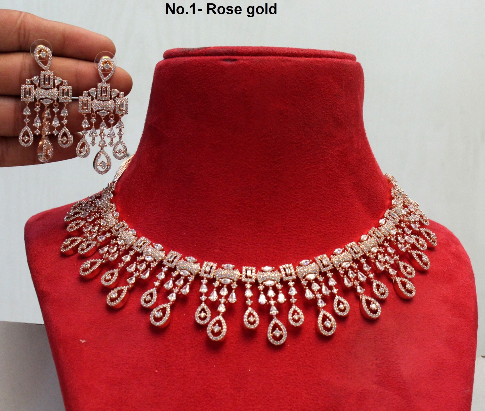 Cubic Zirconia Diamond Necklace Earrings Set Rose Gold 