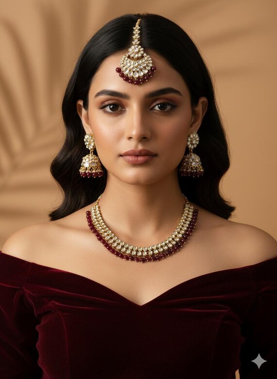 Set Gioielli Da Sposa Indiano Bollywood – Collana Girocollo In Ottone Placcato Con Pietre E Perline Artificiali