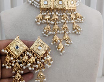 Jadau gouden parel choker ketting set, Indiase sieraden