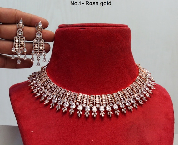 Cubic Zirconia Diamond Necklace Earrings Set Rose Gold Silver