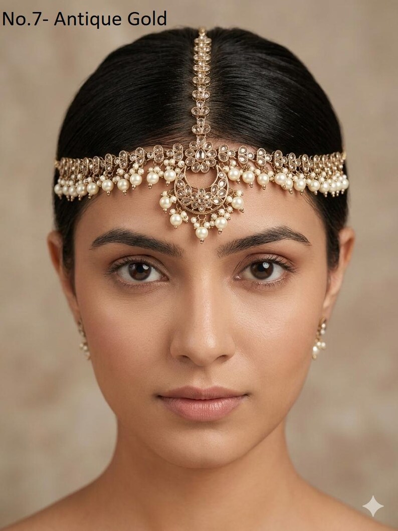Bandeau maatha Patti en or antique : chaîne de cheveux indienne Tikka No.7- Antique Gold