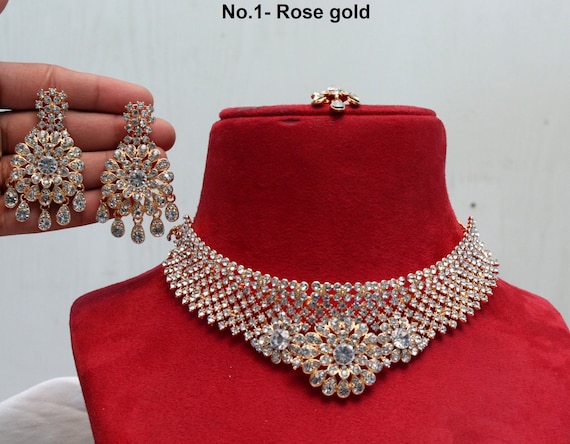 glamjewelryz Choker Set /Gold Choker Carret White Necklace Set/ Bollywood Necklace Set/Indian Rose Gold Choker Set/Gold Bridesmaid Jewelry/Women Necklace