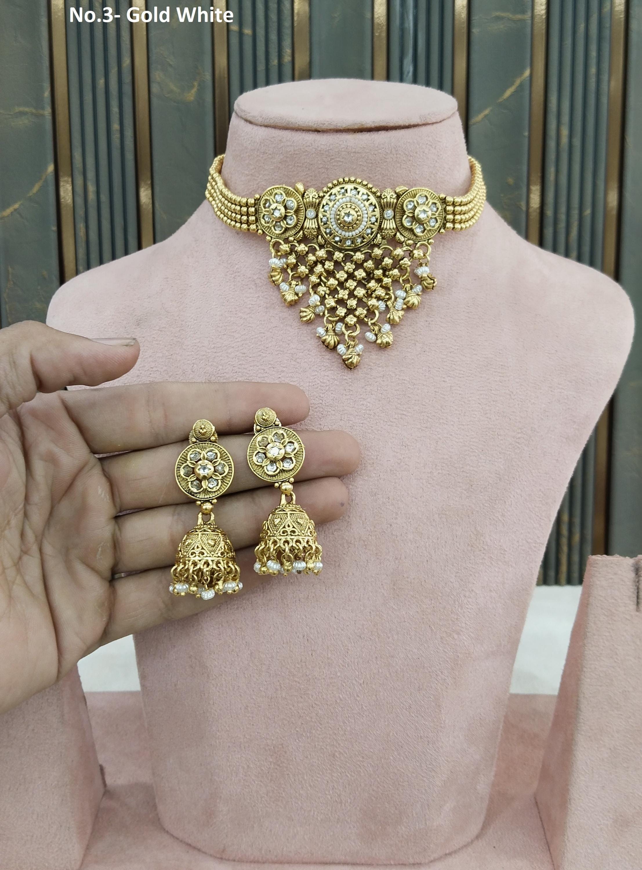 Polki Choker Set: Gold Finish Indian Jewelry Bini Yuka Smile Sets
