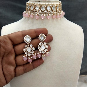 Moissanite kundan necklace choker  Set Earrings Set/Gold necklace Indian Jewelry Set/Indian bridal next to real shweta set