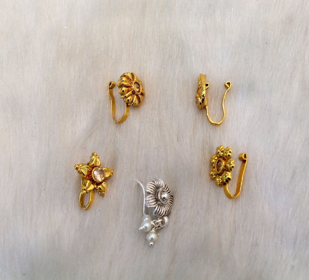 Indian Jewelry Nose Pin Clip on Clasp Wedding Nathini/non Pierced Gold Clip on Nose Pin