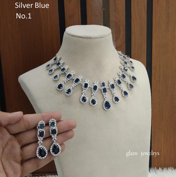 Parure Lourde Collier + Boucles D'oreilles Argent 925 Avec Zirconium - Occasion