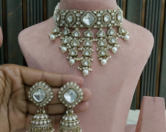 Antique Gold Moissanite kundan Choker Jewelry Set, Indian Bridal Necklace, Tikka Anita Earrings