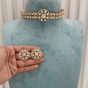 Moissanite kundan choker  Set Earrings Set/Gold green, pink, black choker Indian Jewelry Set/Indian bridal next to real farmtrack set