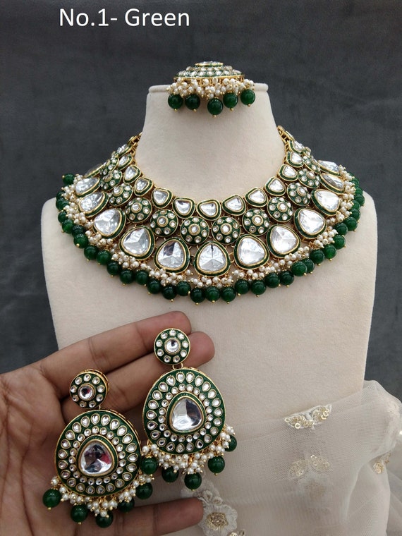 Bijoux indiens Collier de mariée Kundan blanc, vert, bleu