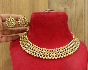 Dark Gold Plated Indian Jewelry Set: Crystal Necklace, Earrings, Tikka