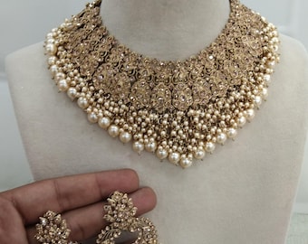 Bollywood Bride Antique Gold Necklace Set: Indian Jewelry with Pearls shallu set