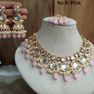 Indian Jewelry/ Gold Plated Bridal Kundan necklace Set Indian ruby, pink, sea green, peach , grey livingston Wedding Bridal Jewellery