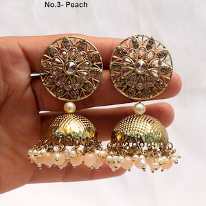 Indian Jhumka Earrings Jewelry/Punjabi Gold Bollywood Wedding Indian Jewelry Bridal Pink, peach , blue, red ,mehroon, Jhumka Jhumki Earrings