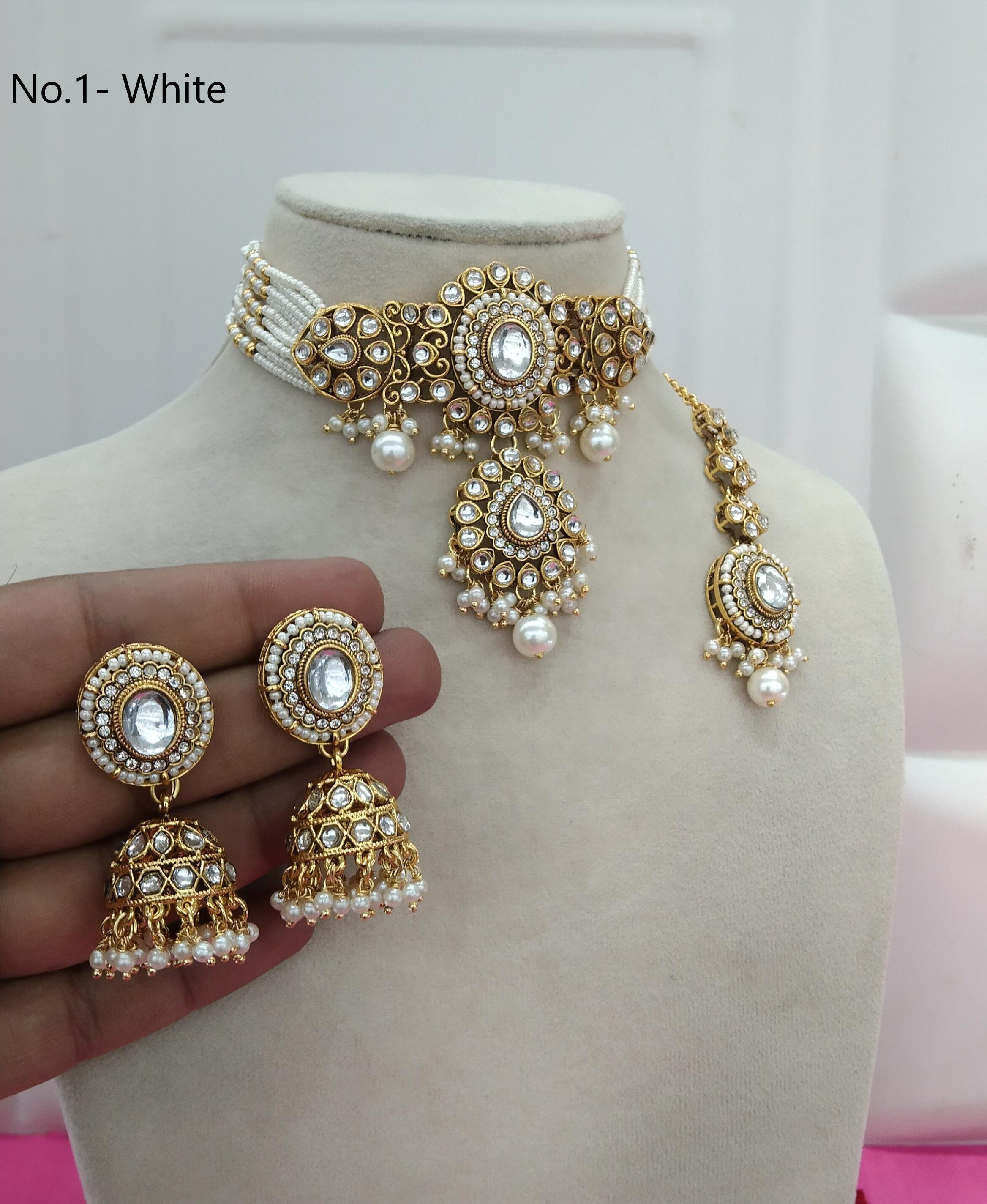 Indian jewelry kundan Choker Earrings Set/ Gold Plated white, Green, blue, sea green, pink choker set Jewelry choker Set/Indian Firoh Set