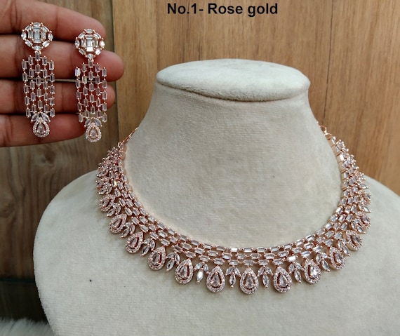Cubic Zirconia Diamond Necklace Earrings Set Rose Gold 