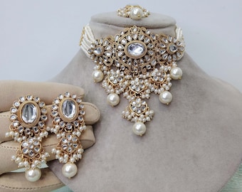 Set di orecchini e collana girocollo Kundan, set di gioielli indiani in oro bianco e heena