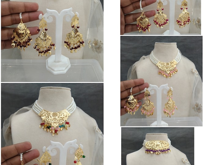 Dazzling Golden Color Pearl Jadau Choker Necklace with Rani Haar and Charming Earrings Tika Set main image 1