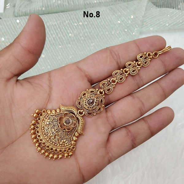 Indian Tikka Gold finish Headpiece /Bollywood Maang Tikka Tika South Indian Hair Jewelry Jewellery/polki tikka Chain Headpiece