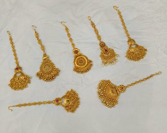 Gold Polki Tikka Headpiece, Bollywood Indian Jewelry