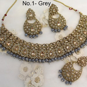 Indian Jewelry Jewellery/dark gold Bridal necklace Set/Bollywood Gold Indian Jewelry Jewellery Necklace Set/ Wedding setu Sets No.1- Grey