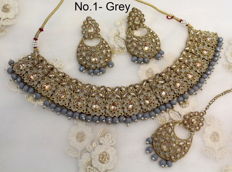 Indian Jewelry Jewellery/dark gold Bridal necklace Set/Bollywood Gold Indian Jewelry Jewellery Necklace Set/ Wedding setu Sets No.1- Grey