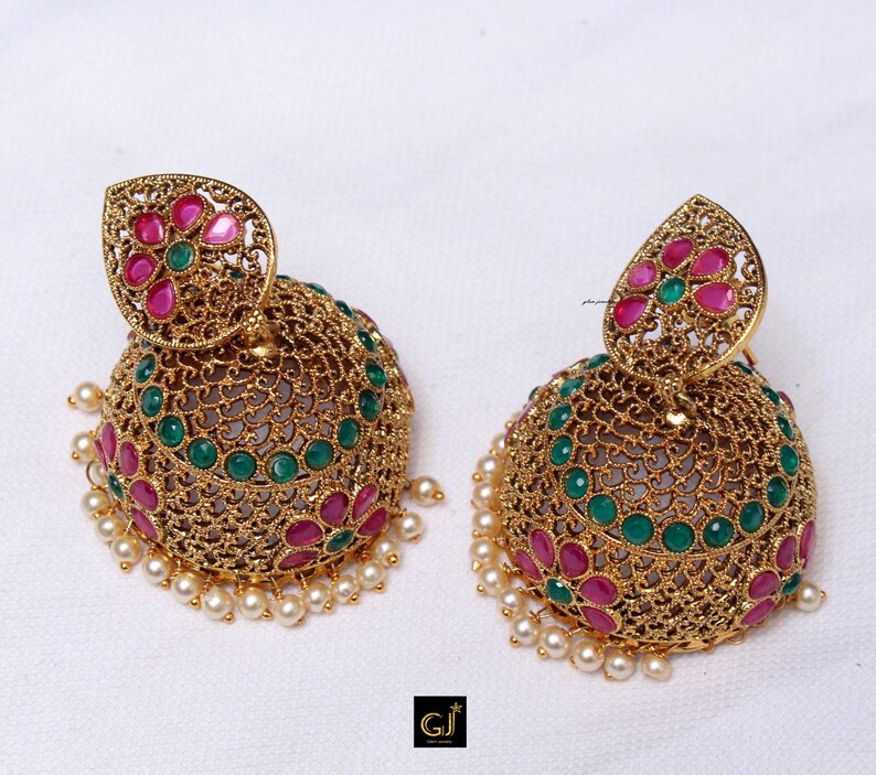 Indian Jhumka GoldRubyGreen Earrings Big Pearl Kundan Style Etsy