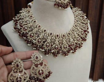 Dark Gold Crystal Indian Bridal Jewelry Set: Necklace, Earrings, Tikka Binder set