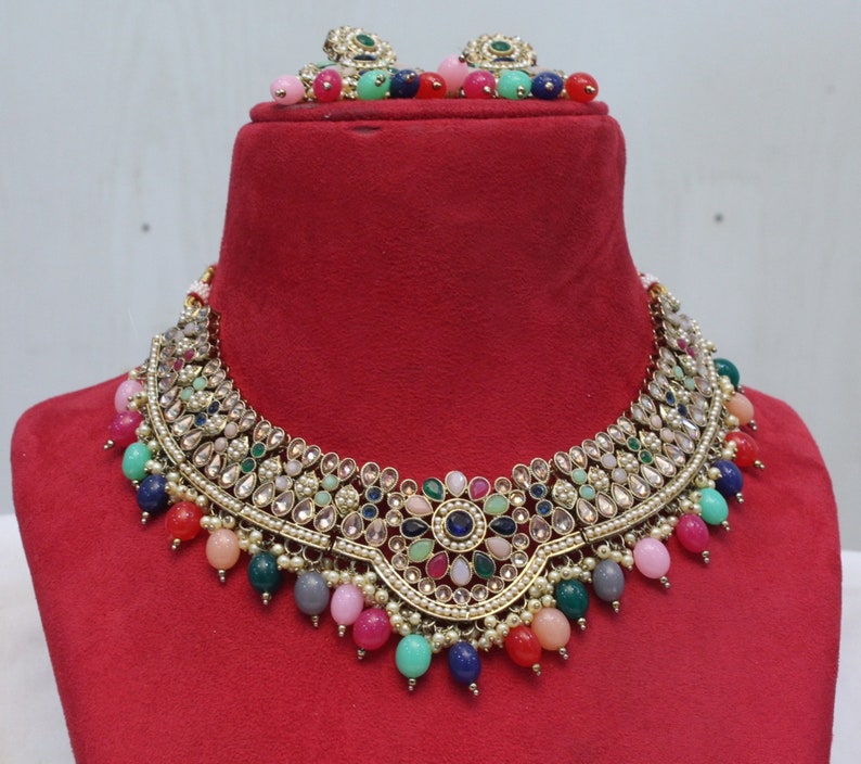 Indian Jewelry Jewellery/Antique gold peach. multicolor, pink necklace Set/Bollywood Gold Indian Jewelry Jewellery cello Set image 10