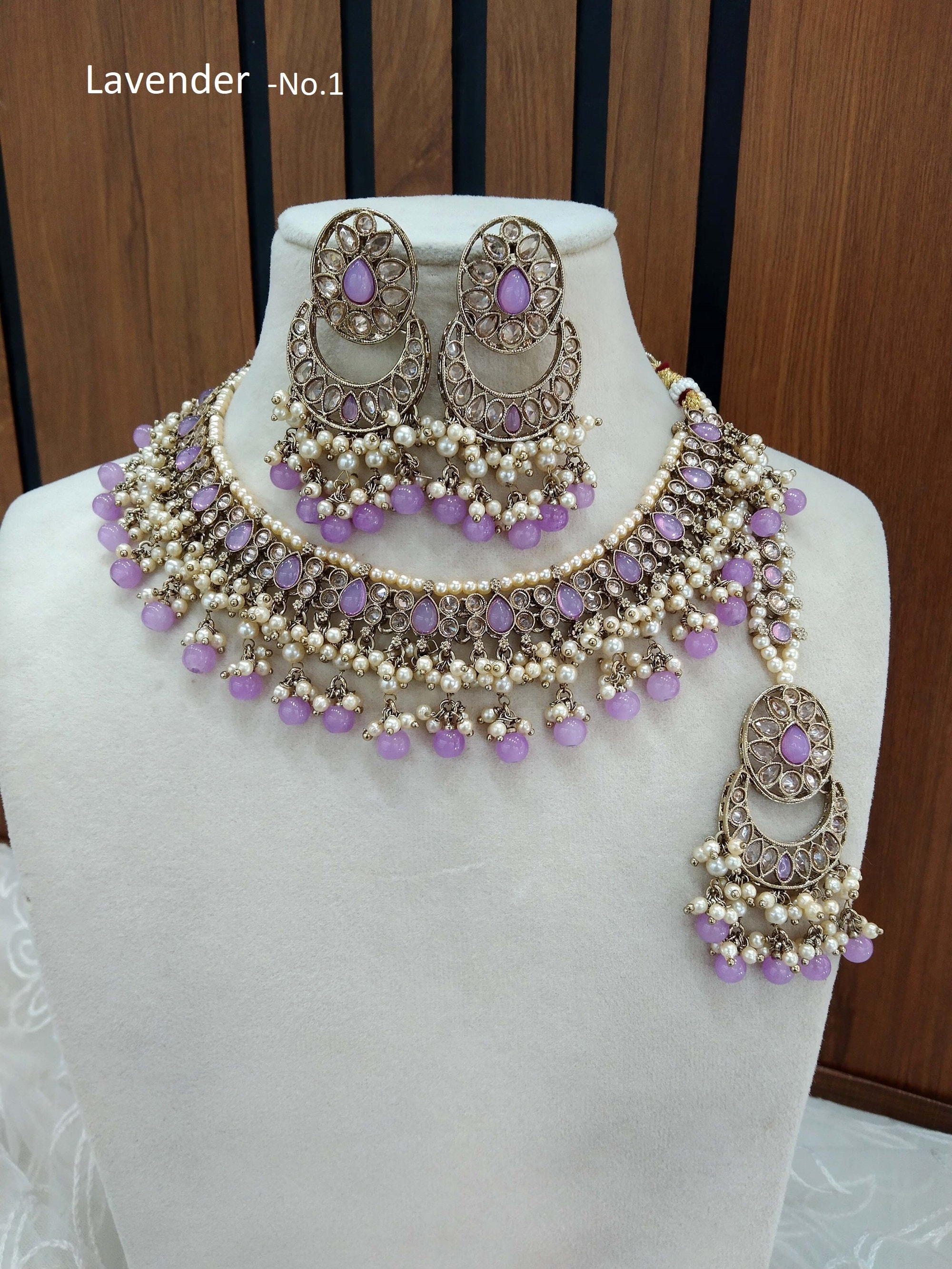 Lavender Crystal Indian Jewelry Set, Bollywood Bridal Necklace, Tikka Earrings Jass set