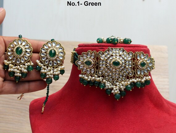 kundan Choker Set Necklace Earrings Set Gold green choker set Indian Jewelry Necklace Set Indian green ruby maroon among Choker Set
