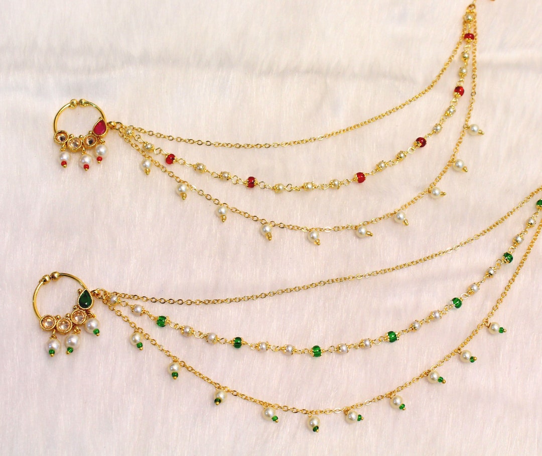 Indian Nose Ring Nath Bridal Wedding Nathini non Pierced Gold Plat