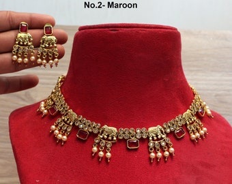 Gold Plated Indian Necklace Set, Champagne Stone Bridal Jewelry