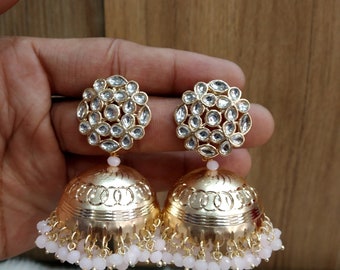 Gold Finish Jhumka Earrings, Indian Bridal Jewelry